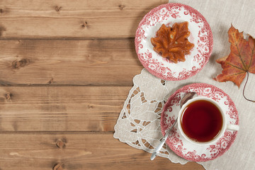 Homebaked Cake, Maple Leaf Shape. Cup Of Tea. Top View.