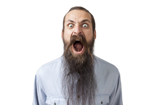 Angry man with long beard shouting