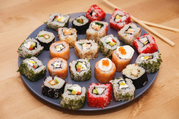 Sushi set on a blue plate
