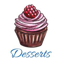 Patisserie dessert emblem. Muffin sketch icon.