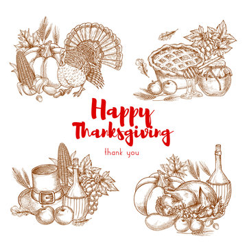 Thanksgiving holiday vector sketch symbols set