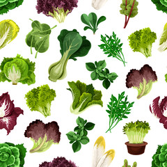 Salad greens and leafy vegetables pattern - obrazy, fototapety, plakaty