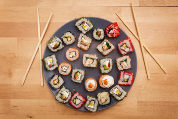Sushi set on a blue plate
