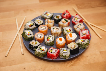 Sushi set on a blue plate