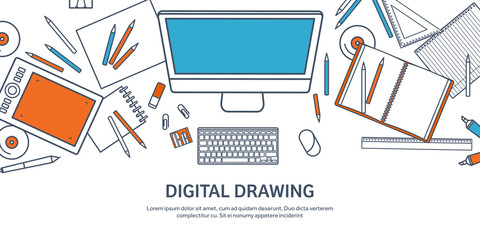 Vector illustration. Study and education. Lined flat style. Knowledge,information. School learning process.Online courses.