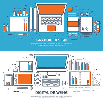 Vector illustration. Study and education. Lined flat style. Knowledge,information. School learning process.Online courses.