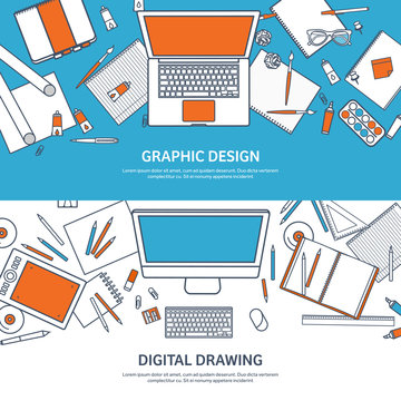 Vector illustration. Study and education. Lined flat style. Knowledge,information. School learning process.Online courses.