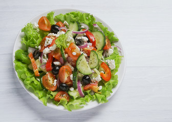 Fresh vegetable Greek salad, top view