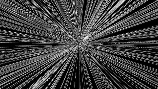 Fractal de estrella radiante con rayos en blanco y negro
