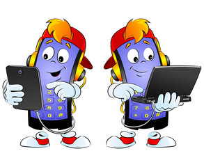 Cartoon mobile phone works with a laptop and a tablet computer. A large set of images.