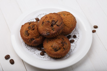 Muffins with chocolate filling close-up, homemade cakes