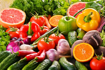 Composition with variety of fresh organic vegetables and fruits