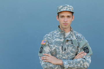 Military Man Isolated on Blue Background 