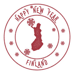 Retro Happy New Year Finland Stamp. Stylised rubber stamp with county map and Happy New Year text, vector illustration.
