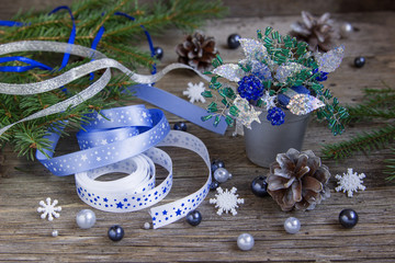 Ribbons, beads, cones to decorate the Christmas tree .