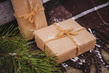 Christmas gifts box presents on brown