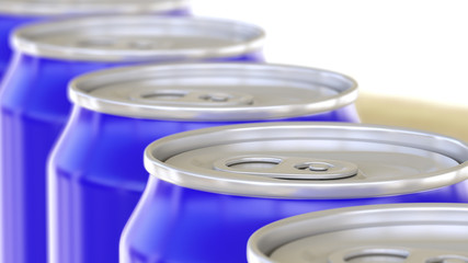 Blue cans on conveyor. Soft drinks or beer production line. Recycling packaging. 3D rendering