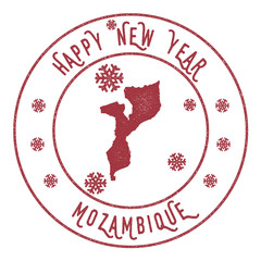 Retro Happy New Year Mozambique Stamp. Stylised rubber stamp with county map and Happy New Year text, vector illustration.
