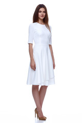 Woman in white short dress fashion catalog clothing beauty