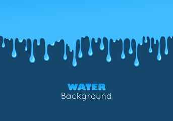 Background of dribble water. Flow of liquid. Blue glossy paint drips and flowing. Vector cartoon illustration. Abstract creative graphic element for your design
