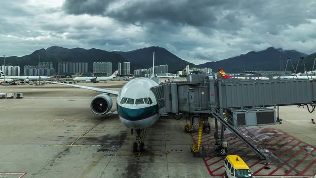 Airplane Boeing ready for boarding in Hong Kong Airport. 4K TimeLapse - August 2016, Hong Kong