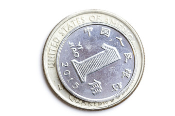 Chinese Coin and us quarter dollar coin isolated