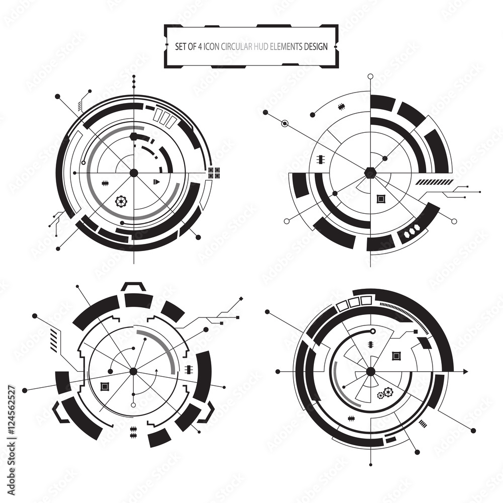 Poster vector icon set of 4 circular hud elements interactive isolated design