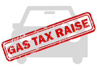 Red gas tax raise rubber stamp on grey car icon
