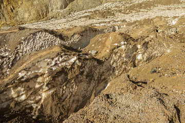 Glaciers on slopes of the active volcano Mutnovsky.