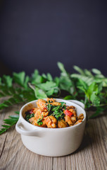 Stir Fried Basil Cicken on wooden, Thai Famous Food, Thai Street