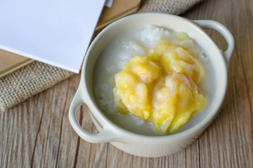 Thai Dessert, Thai Cuisine, Sticky Rice with Durian on Wood Back