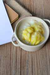 Thai Dessert, Thai Cuisine, Sticky Rice with Durian on Wood Back