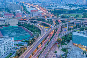 Aerial View of Shanghai overpass at Night in China.