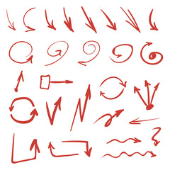 Set of red hand drawn sketch style arrows on white background