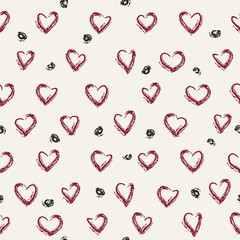 Vector seamless pattern. Red hearts and dark roundels on a beige background. 