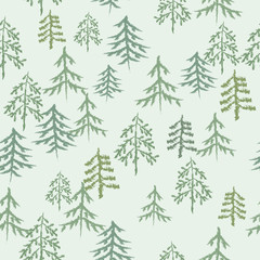 Vector seamless pattern. Green tree on light green background. Winter Christmas texture. Fir tree.