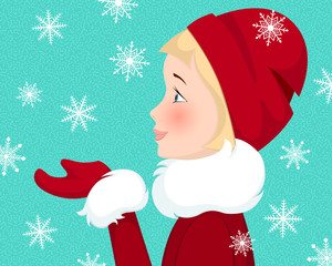 Winter bright vector illustration. Girl catches snowflakes. New year and Christmas greeting card. 