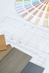 color and material samples on architectural drawings of the modern house
