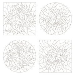 Set contour illustrations of the stained glass Windows on the theme of new year and Christmas clock and Christmas decorations