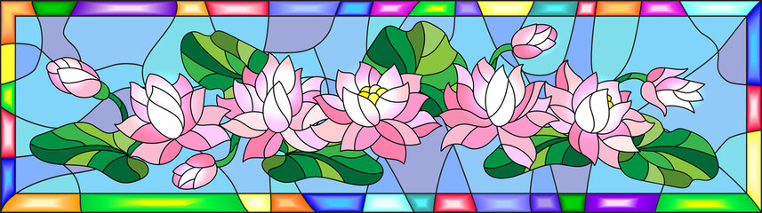 Illustration in stained glass style with flowers, buds and leaves of Lotus