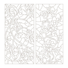 Obraz premium Set contour illustrations in the stained glass style, abstract flowers , dark outline on a white background