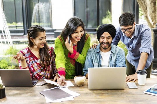 Friends Technology Devices Smiling Indoors Concept