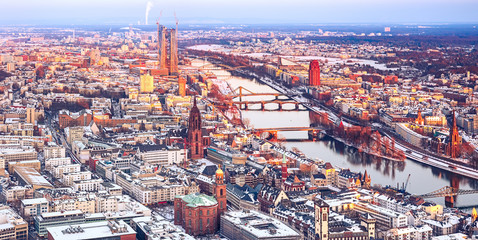Aerial view over Frankfurt am Main at winter