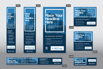 Blue Color Scheme with City Background Corporate Web Banner Template in multiple sizes. Easy to adapt to Brochure, Annual Report, Magazine, Poster, Corporate Advertising Media, Flyer, Website.