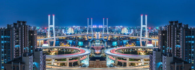 Naklejka premium Aerial View of Shanghai overpass at Night in China.