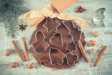 Vintage photo, Dough for Christmas cookies, spice and ingredient for baking gingerbread