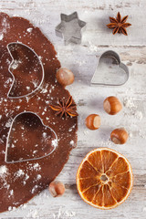 Dough for Christmas cookies, spice and ingredient for baking gingerbread