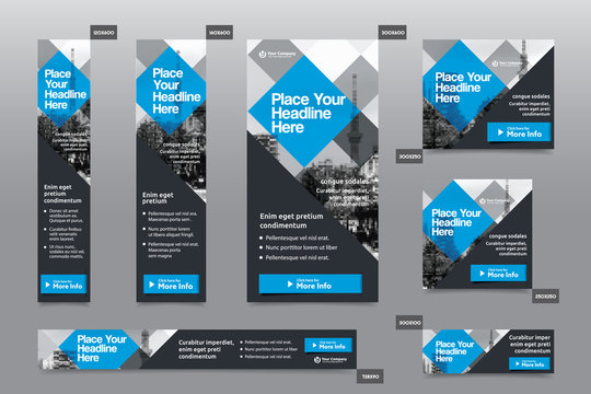 Blue Color Scheme with City Background Corporate Web Banner Template in multiple sizes. Easy to adapt to Brochure, Annual Report, Magazine, Poster, Corporate Advertising Media, Flyer, Website.