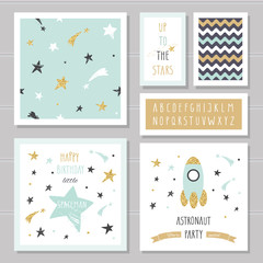 Cute cards with gold confetti glitter for kids. Can be used for baby shower, birthday, party invitation. Space astronaut little boys design. Hand written narrow kiddy font. With two seamless patterns.