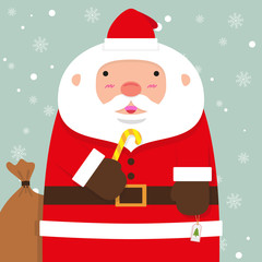 cute fat big Santa Claus on falling snow flake blue background